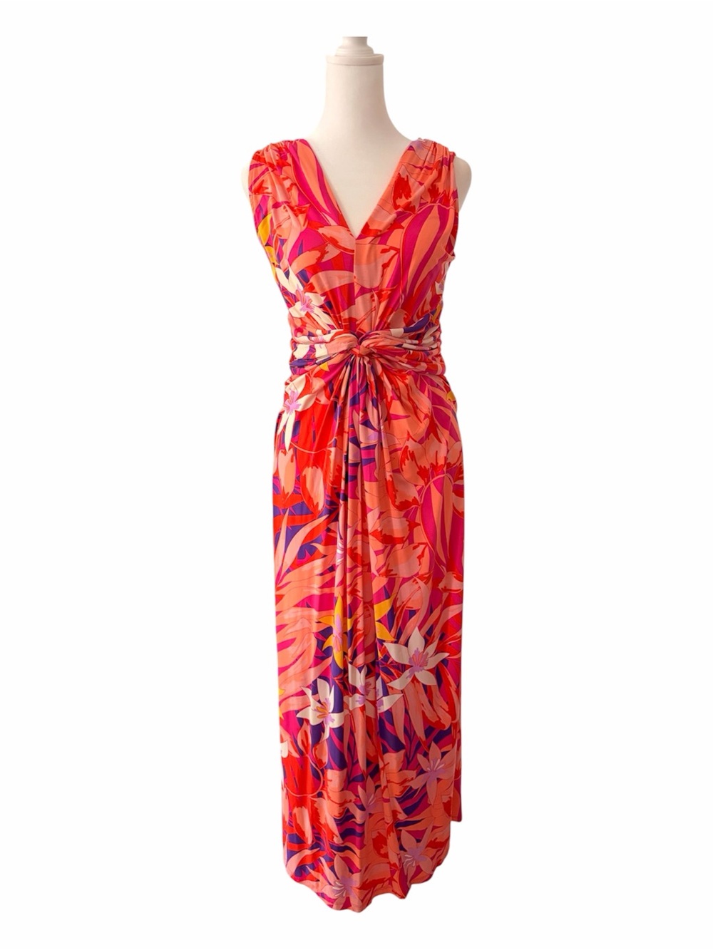 Tropical Floral Print Sleeveless Maxi Dress in Pink & Orange